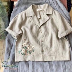 Áo linen sơ mi nữ màu be thêu tay hoa nhí