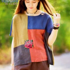 Áo nữ ghép vải hemp linen họa tiết hoa mẫu đơn